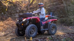 Conducteur sur Rancher allant à gauche à travers les bois.