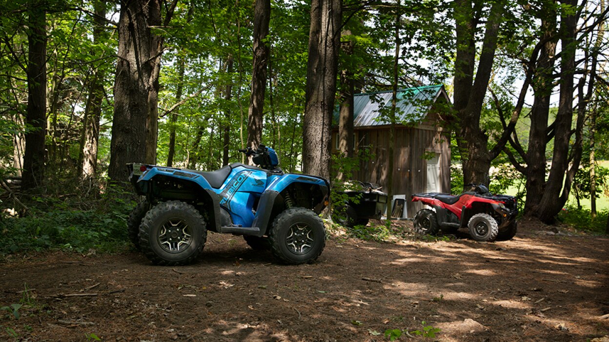 Two Honda Rubicons parked beside a rugged building in the forest