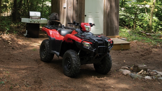 A parked Honda Rubicon in the woods, previous model year shown
