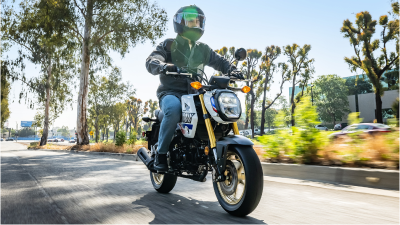 Pilote sur vélo jaune à léger angle droit traversant la rue. Petits buissons et arbres en arrière-plan.