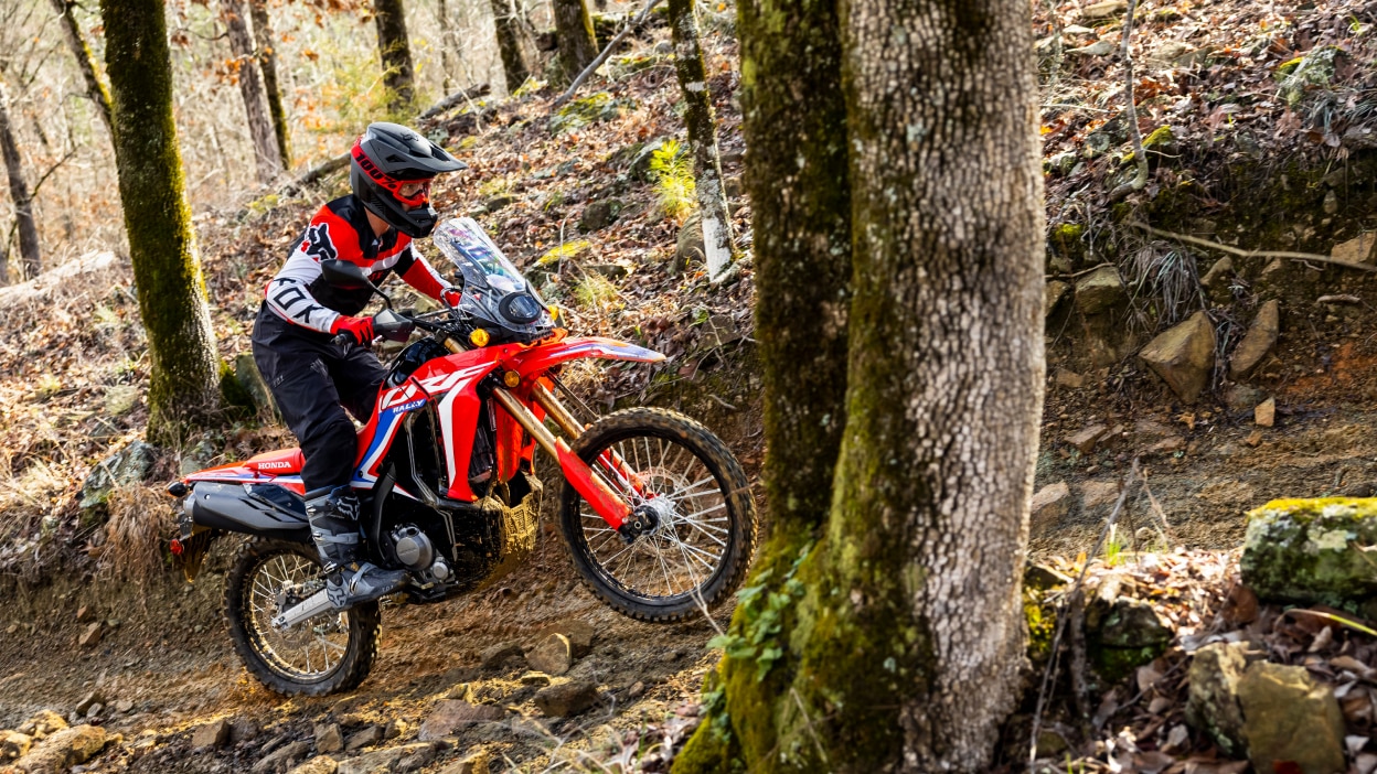 A rider on a Honda Dual Sport dirt bike riding on a rugged trail in the fall