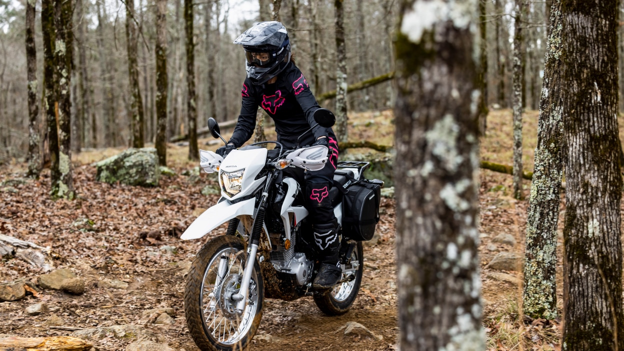 A rider in the woods on a Honda XR150L