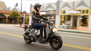 A rider on a Honda Ruckus in the city 
