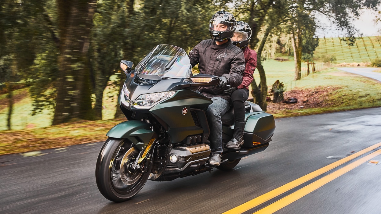 Deux coureurs sur un vélo vert vont à gauche. Arbres et champ en arrière-plan.