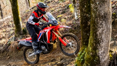 A rider on a trail in the woods.