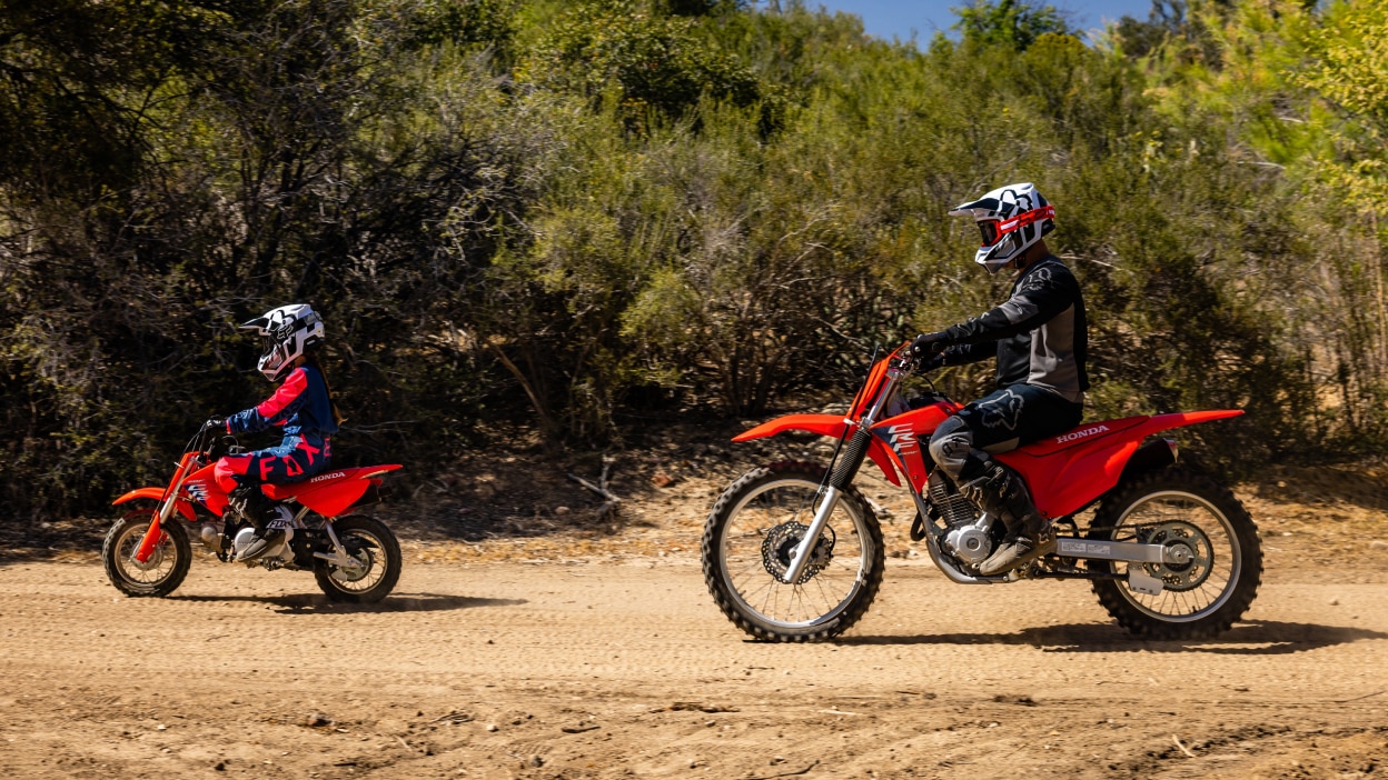 Un jeune cavalier devant un adulte, en allant à gauche. Angle gauche.