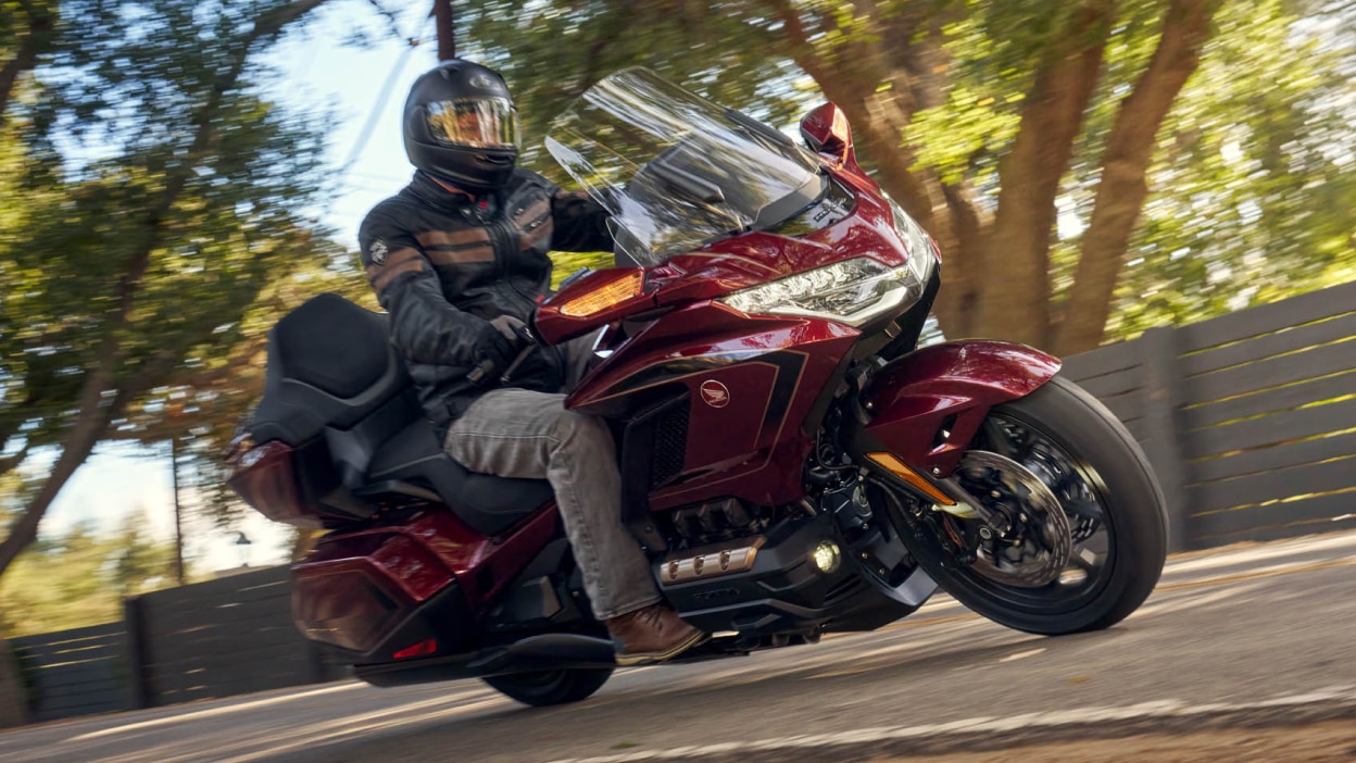 Rider on red Gold Wing Tour, right facing. Fence and tree in background.