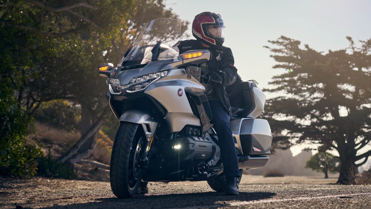 Cavalier à l’arrêt sur le Gold Wing Tour argenté, face à droite. Arbres en arrière-plan.