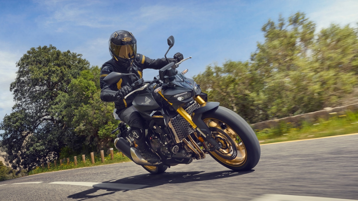 Pilote sur CB1000SP sur route. Clôture et arbres et buissons verts en arrière-plan.