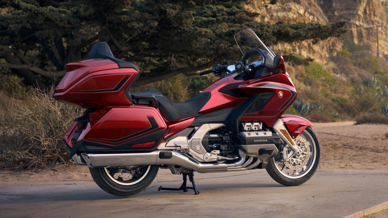 Image orientée vers la droite d'un airbag de Gold Wing Tour, immobile sur la route. Arbre vert en arrière-plan.