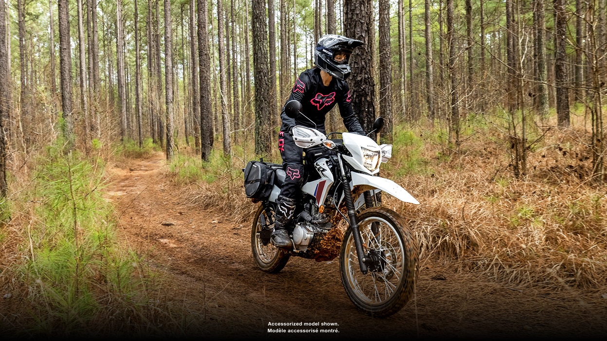 Rider on CRF450L on dirt road. Green bushes in background.