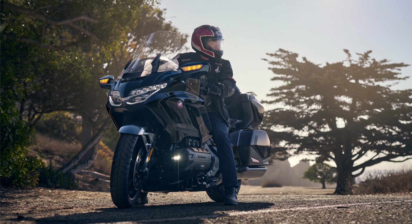 Motard en Gold Wing Tour, à l'arrêt sur la route. Arbres verts en arrière-plan.