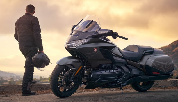 Left stationary image of Gold wing. Person with Helmet in hand standing to the left of the Gold Wing.