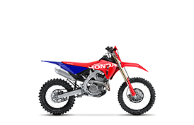 Profil droit d'une moto de cross Honda CRF250RX rouge et bleue.