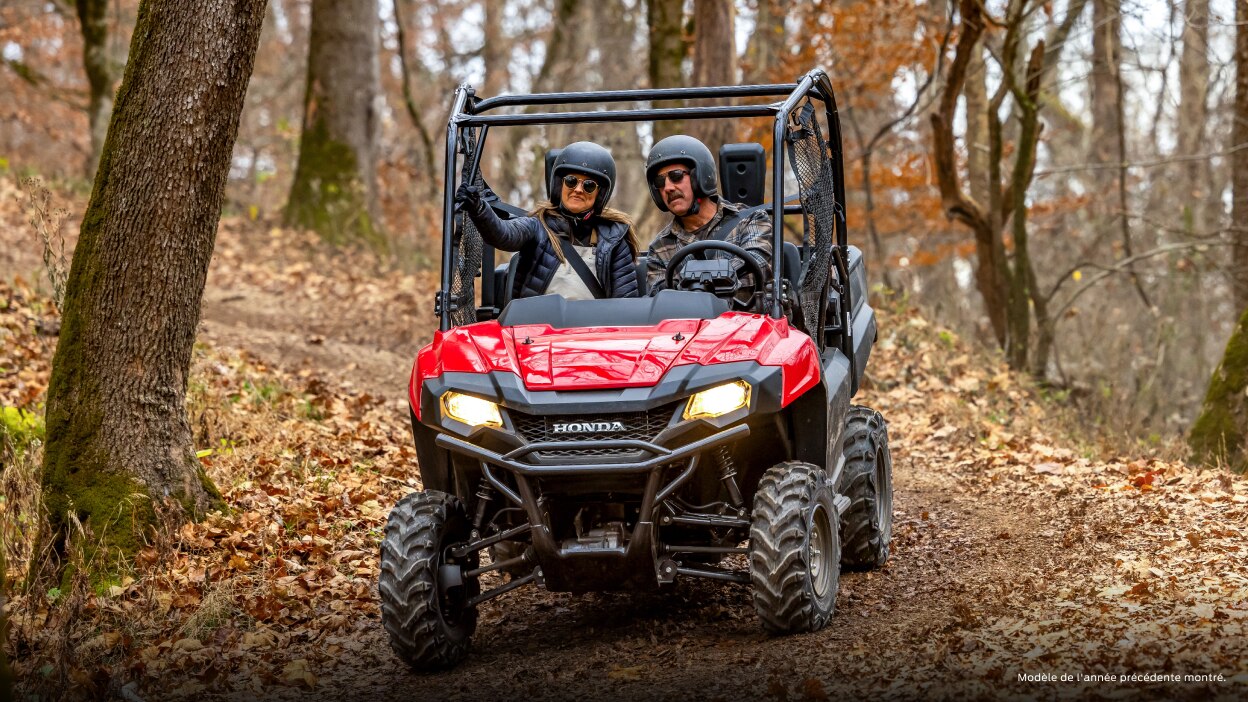 Mode de vie. Conducteur et passager sur route dans les bois. Face avant.