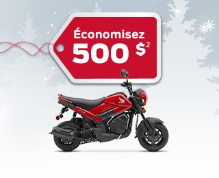 Une Honda Navi sur un fond d'hiver avec des flocons de neige avec une étiquette de cadeau de 500 $ annonçant une remise de 500 $